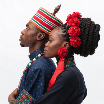 Newlywed couple dressed in traditional clothing embracing and looking away while posing romantically on white background


