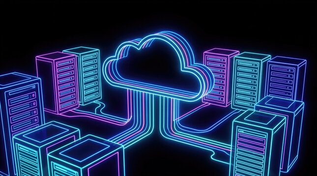 Cloud computing and data storage network with glowing neon servers connected to a central. Digital infrastructure for online hosting, internet communication, cyber security and futuristic technology.