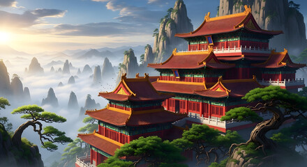 Obraz premium Mystical Asian Pagoda Nestled in Mountainous Paradise