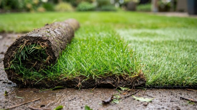 Fresh sod rolls lying on ground for new lawn installation outdoors close up view with green grass and wet soil base.
