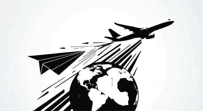 Airplane and paper plane silhouettes fly above a stylized globe illustration.