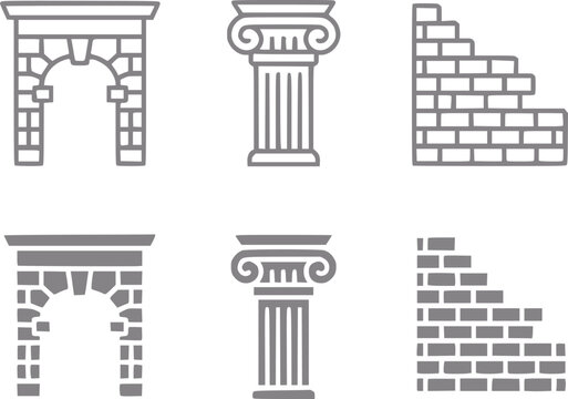 Set of architectural arches, columns, and brick walls