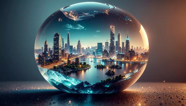 Miniature metropolitan city inside a transparent glass orb reflecting urban night skyline with miniature, buildings