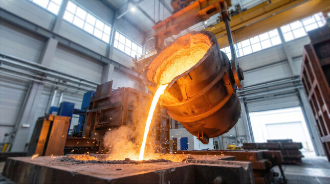 Molten metal pouring from ladle in heavy industrial foundry. Steel smelting and casting process at metallurgy factory. Iron manufacturing production with sparks, furnace heat and crane equipment.