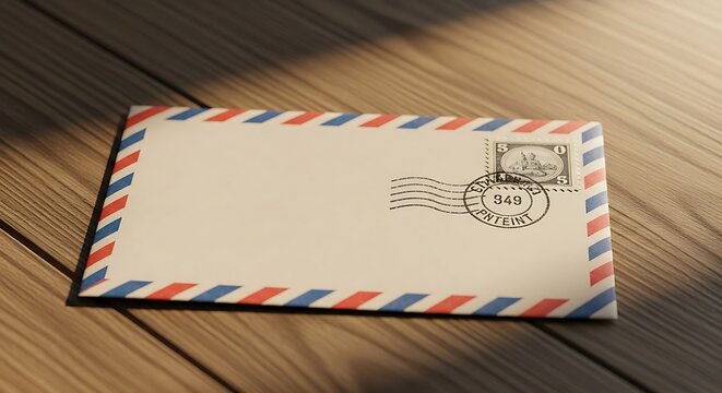 Airmail envelope with a vintage postage stamp and postmark on a wooden table