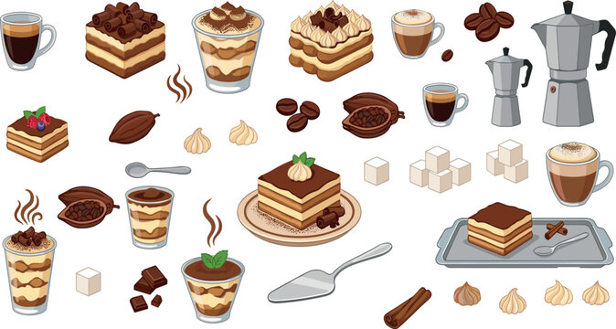 Italian Coffee and Tiramisu Dessert Collection with Espresso Cups Moka Pot Coffee Beans and Cakes for Cafe Menu Elements