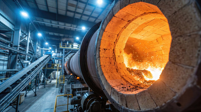 Rotary kiln furnace interior with molten metal and sparks inside industrial plant. Heavy metallurgy and steel production facility with refractory brick lining, smelting equipment and manufacturing