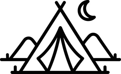 Minimalist tent icon with mountains and moon, representing camping and outdoor adventure © tukimanpo