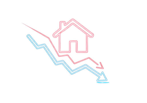 House icon with up and down arrows on pink and blue background isolated on transparent background