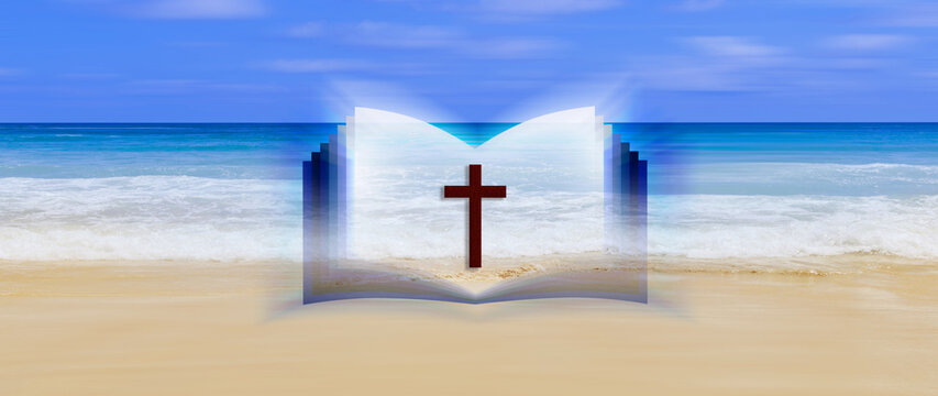 Bible book with Christian cross resurrection. Religion Christ and cross of Jesus Christ, Crucifix, Faith and Hope, christianity and religion concept, christian background. not ai