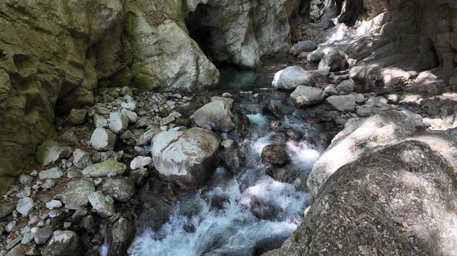 Resurgence of Sammaro River on a sunny summer day. Near Roscigno, in Cilento National Park, Campania, Italy