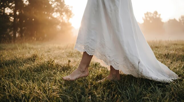 Woman walks barefoot through a serene grassy field at sunrise wearing a white dress with trees in the background and a misty atmosphere surrounding her feet and lower legs.