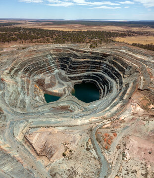 View inside the Lithium mine, Water in the earth hole, Aerial View, Goldfields, Western Australia
