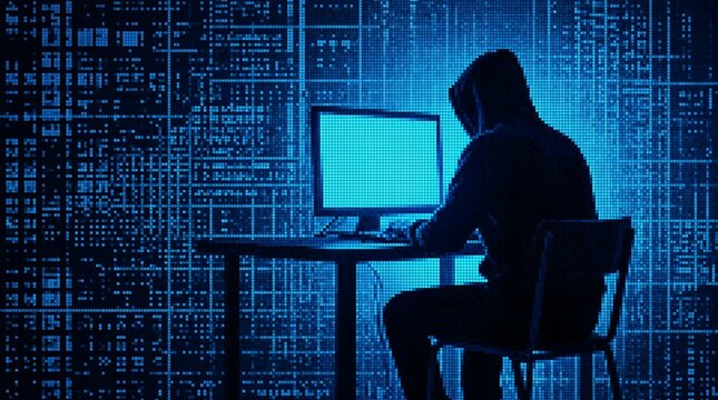 Anonymous hacker working at computer with digital matrix background