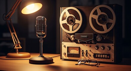 Fototapeta premium Vintage reeltoreel tape recorder and classic microphone on a desk