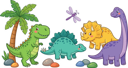 Cute cartoon dinosaurs collection with tyrannosaurus stegosaurus triceratops brachiosaurus palm tree and dragonfly vector illustration isolated on white background for nursery print © Lili Begum