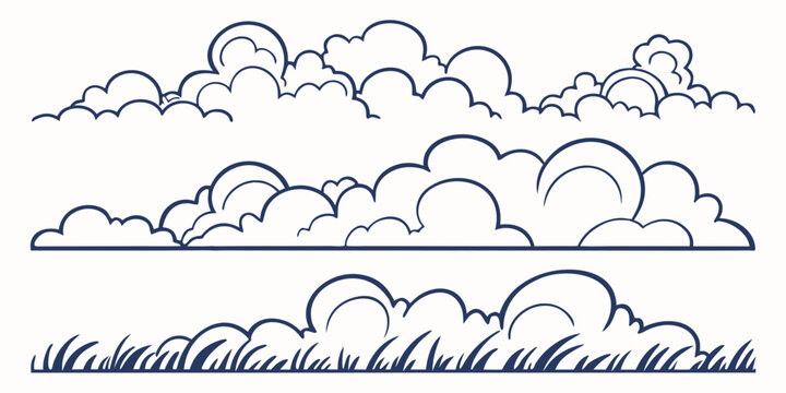 Simple clouds divider web site separator set. Fluffy curve edge header section. Blue border for banner, frame bottom, template vector
