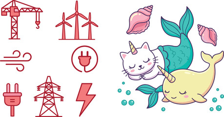 Cute cartoon mermaid cat and narwhal fantasy vector element set with green energy wind turbine and power electricity icon collection bundle © Lili Begum