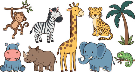 Cute cartoon safari jungle wild animals collection set featuring giraffe zebra elephant leopard monkey hippo rhino palm tree and chameleon vector illustration © Lili Begum