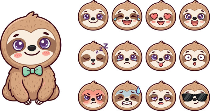 Cute cartoon sloth character with different facial expressions emoji avatar set showing various emotions vector illustration isolated on white background