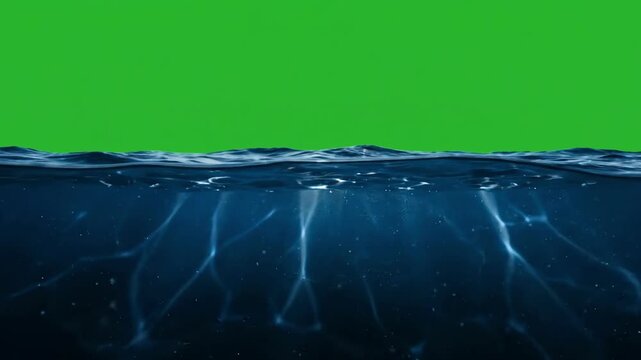 Seamless loop of dark ocean water surface on green screen, with ripples and underwater light for sea, flood, storm, VFX and compositing.