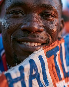 Closeup of a Haiti soccer fan holding a vibrant homemade national flag banner featuring the teams nickname in bold showcasing passionate support during a match.