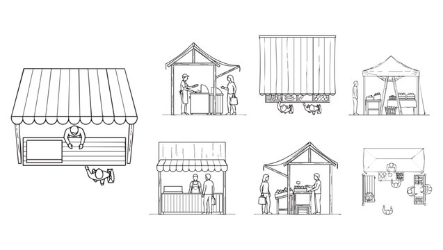 Outdoor Market Floor Plan Vector Set &ndash; Top and Side View Market Stall CAD Blocks