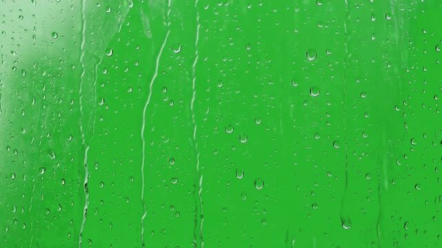 Seamless loop of rain drops and water streaks on green screen for weather overlays, storm scenes, window rain, VFX and compositing.