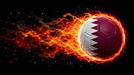 Naklejka premium A high-quality image of a soccer ball featuring the Qatar national flag design, surrounded by intense, realistic fire and sparks against a dark background.