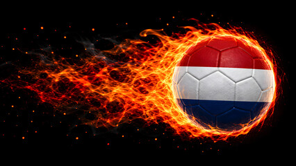 Naklejka premium A soccer ball featuring the flag of the Netherlands engulfed in bright orange and yellow flames, set against a dark black background.