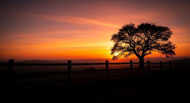 Silhouette of a large oak tree behind a wooden fence at sunset