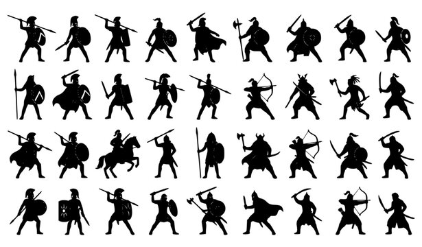 Ancient warrior silhouettes with weapons historical battle vector collection
