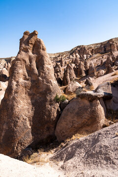 vertical photography of the famous geological formations formed by erosion in the Devrent Valley in Cappadocia on a summer day.