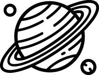 Stylized Saturn planet with rings and moons, simple line art icon. © Kampanggmu