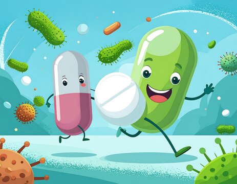 Whimsical illustration features lively pills escaping germs and bacteria. A green capsule joyfully runs alongside a pink one