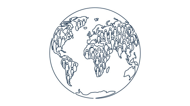 Global Population Outline: Earth map filled with diverse human figures, representing humanity worldwide.