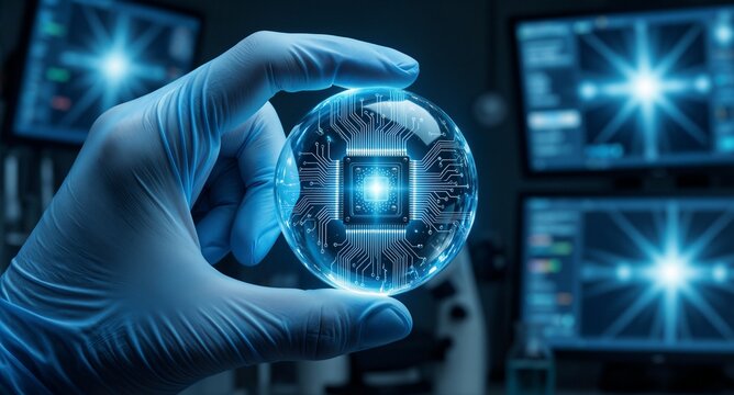Hand in blue glove holding glowing futuristic circuit chip orb in high-tech lab with monitors displaying data and starburst effects.