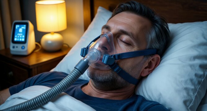 Man using CPAP mask for sleep apnea treatment in bedroom at night