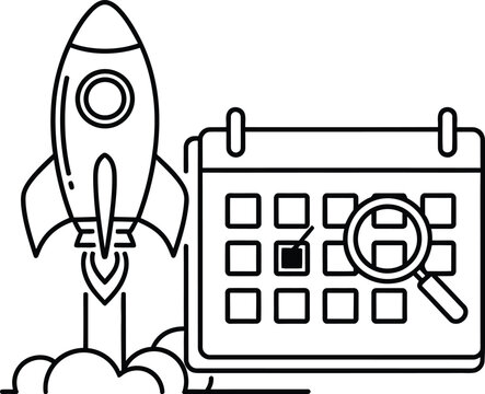 Launching rocket next to calendar with magnifying glass