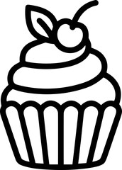 Simple cupcake icon with cherry and leaf outline, minimalist line art dessert symbol. © masferdi
