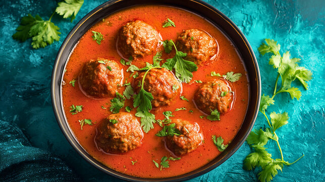 Single serving of authentic mutton kofta curry perfectly centered in frame with vibrant teal backdrop, realistic tender meatballs in rich tomato-based gravy, fresh coriander garnish, 
