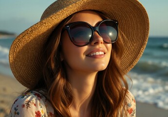 Fototapeta premium Beachside Serenity: A smiling woman in a straw hat and sunglasses enjoys a sunny day by the ocean.