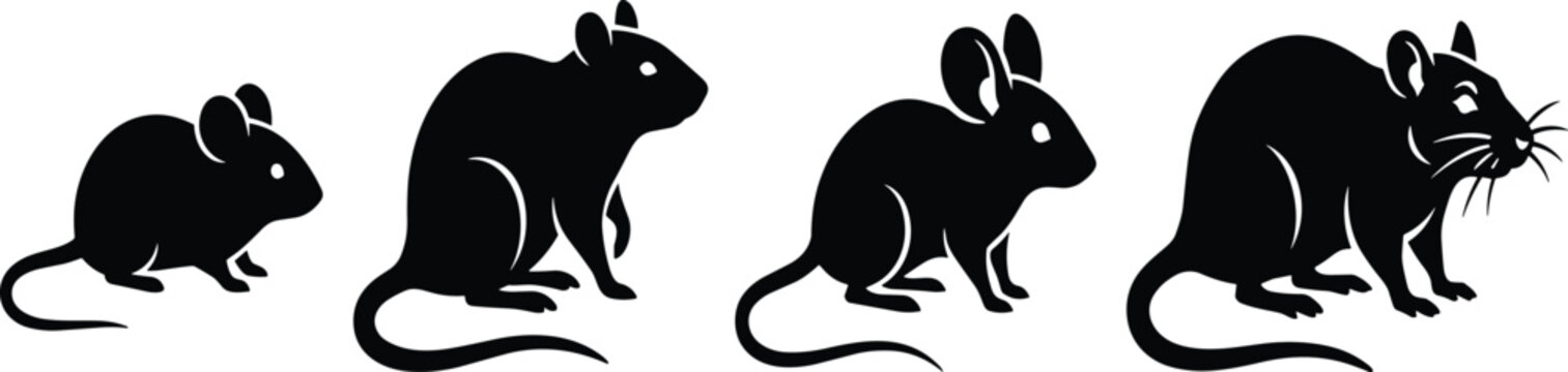 Silhouette illustration of rodents in profile, from mouse to rat