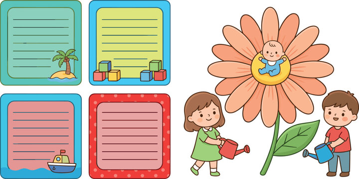 Cute cartoon children watering giant flower with baby inside next to colorful note templates and memory cards set vector illustration