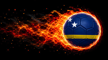 Naklejka premium A high-quality 3D render of a soccer ball featuring the flag of Curacao, engulfed in vibrant, realistic fire against a solid black background.