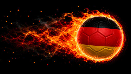 Fototapeta premium A dynamic image of a soccer ball featuring the German flag design, surrounded by intense, glowing orange flames against a solid black background.