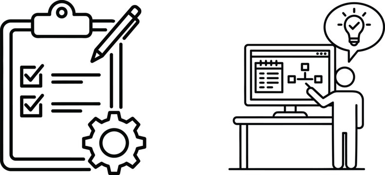 Person working on flowchart at computer with lightbulb idea