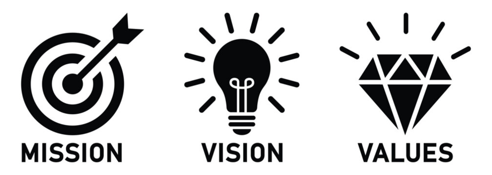 Mission, vision, values and business strategy icon set. Corporate goals, leadership, teamwork, planning and management vector collection isolated on transparent background