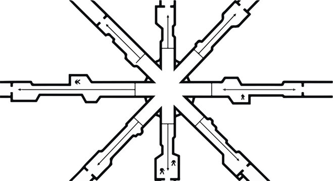 Floor plan layout displays a symmetrical star shape with multiple corridor paths.