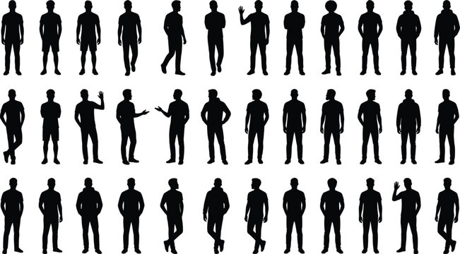 Silhouette illustration of standing human figures in various poses and gestures, highlighting posture, motion, and body language